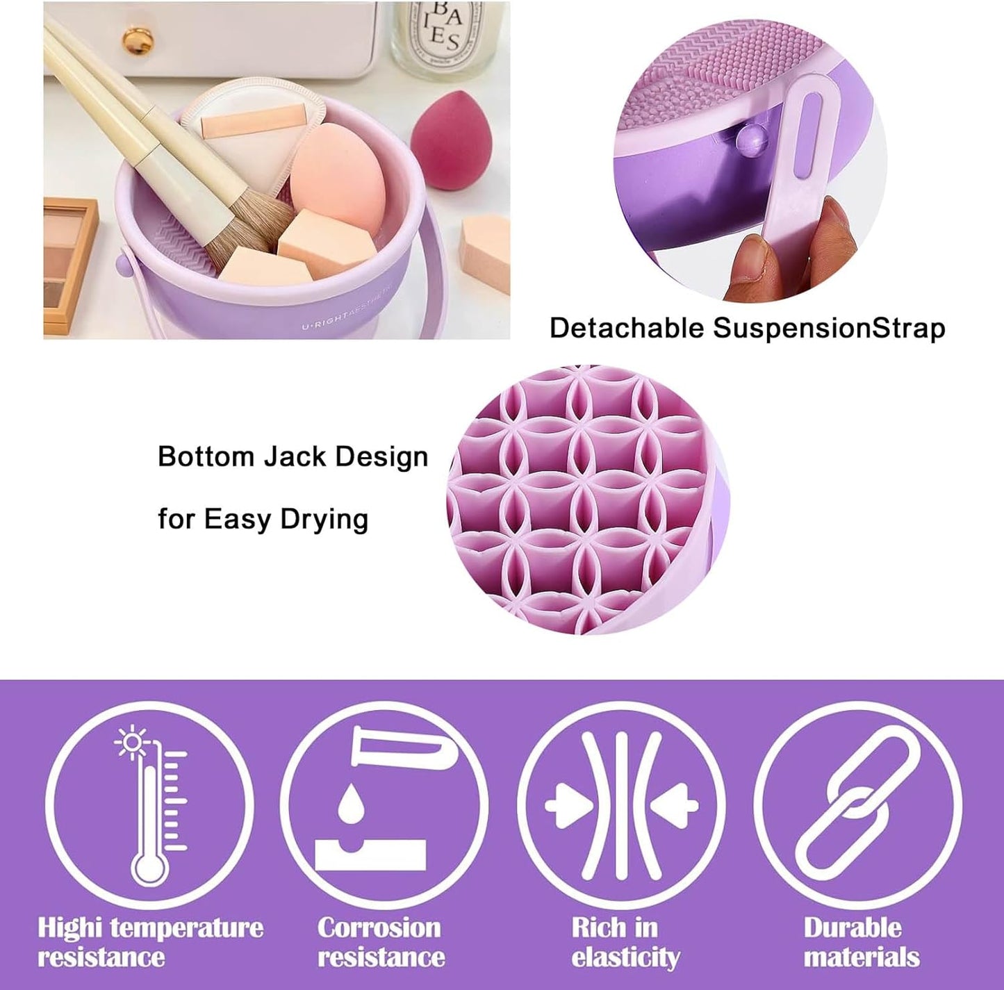 3 in 1 Makeup Brush Cleaning,Makeup Brush Cleaner,Brush Cleaner Makeup,Silicone Makeup Brush Holder,Mat Brush Cleaner Mat Foldable Makeup Brush Cleaning Bowl with Lanyard (Purple)