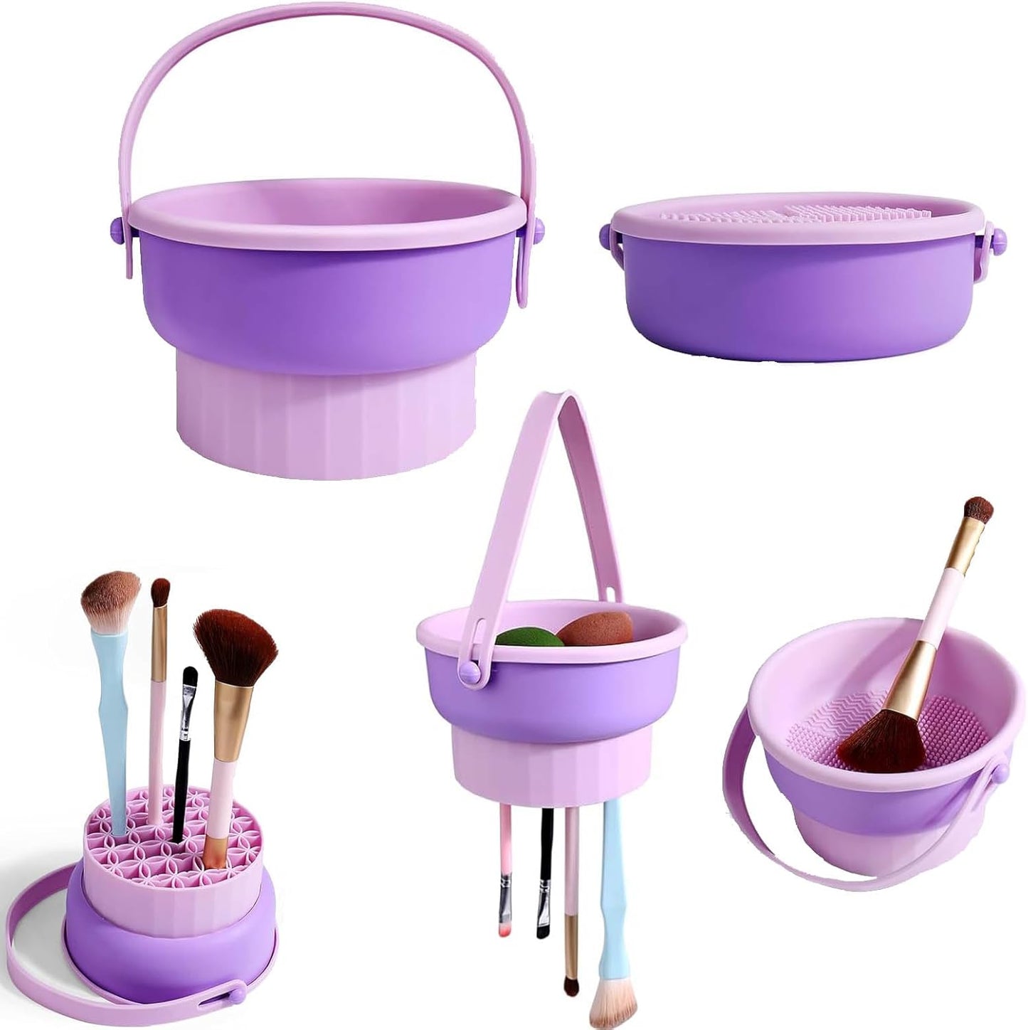 3 in 1 Makeup Brush Cleaning,Makeup Brush Cleaner,Brush Cleaner Makeup,Silicone Makeup Brush Holder,Mat Brush Cleaner Mat Foldable Makeup Brush Cleaning Bowl with Lanyard (Purple)