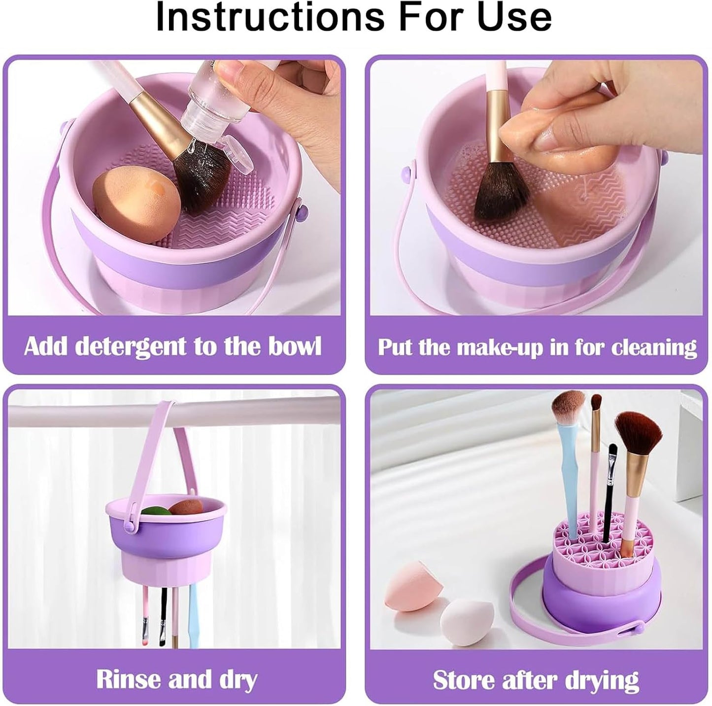 3 in 1 Makeup Brush Cleaning,Makeup Brush Cleaner,Brush Cleaner Makeup,Silicone Makeup Brush Holder,Mat Brush Cleaner Mat Foldable Makeup Brush Cleaning Bowl with Lanyard (Purple)